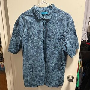 Tori Richard Teal and Navy Tropical Print Camp Shirt